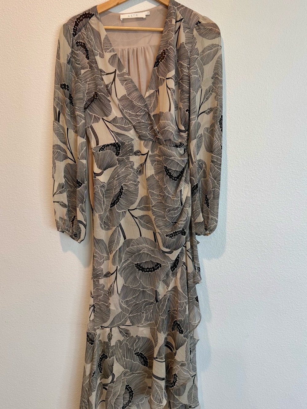 Astr Neutral Floral Wrap Maxi Dress in Beige and Black